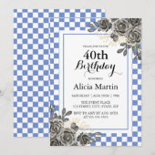 Invitation Rose noir violet bleu et blanc À damiers Anniversa (Devant / Derrière)