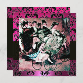 Invitation ROSE, NOIR, VIOLET DAMAS MONOGRAMME, blanc, fuchsi (Devant / Derrière)