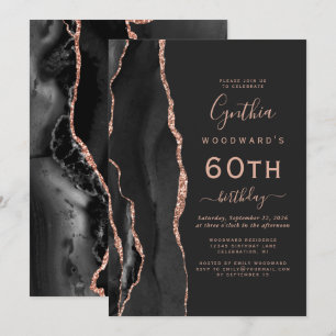 Invitation Rose Noire Agate Dorée Fête d'anniversaire des 60 