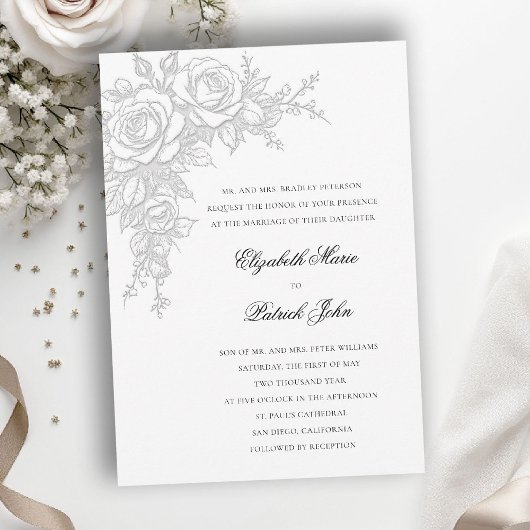Invitation Rose noire et blanche Mariage Formel Classique Int