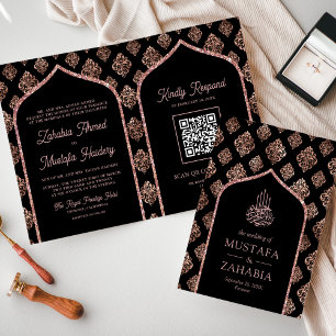 Invitation Rose Noire Or Arch Damask QR Code Mariage Musulman
