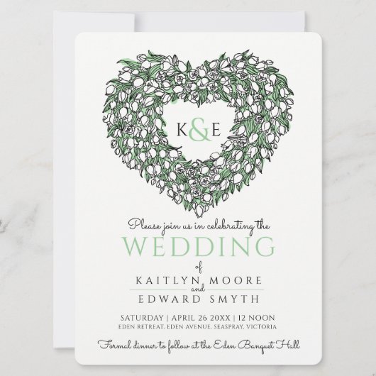 Invitation Rose noire tulipe blanche tirant coeur vert mariag (Devant)