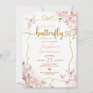 Invitation Rose Notre Petit Papillon Floral Girl 1er Annivers