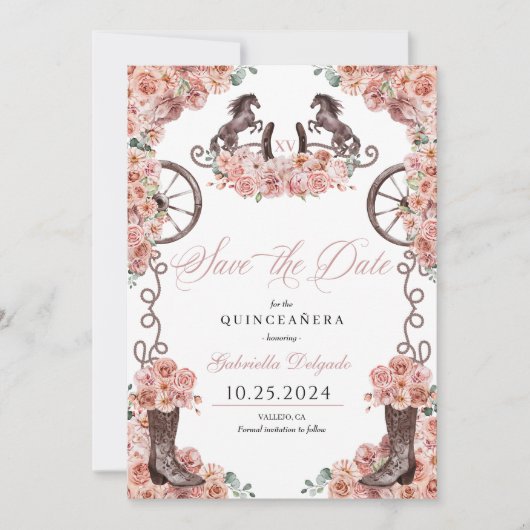 Invitation Rose Occidental Gold Charro Sauvez La Date Quincea (Devant)