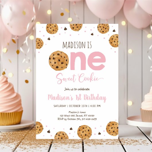 Invitation Rose One Sweet Cookie Premier Anniversaire