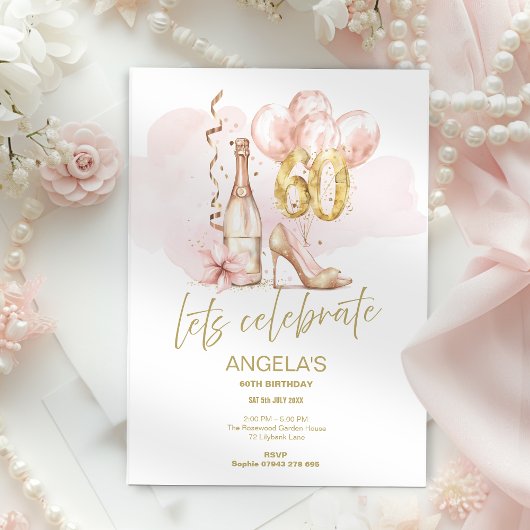 Invitation Rose & Or 60e anniversaire, Champagne & talons