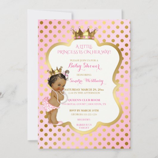 Invitation Rose & Or Africain Américain Princesse Bébé Fille (Devant)