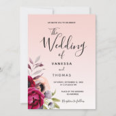 Invitation Rose or bordeaux violet floraux script mariage (Devant)