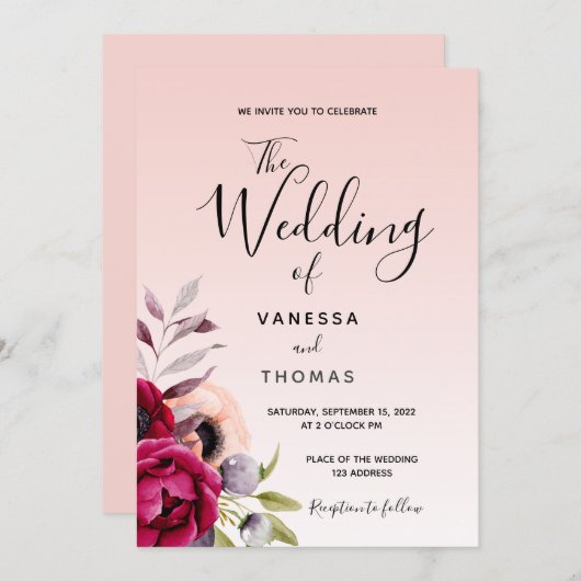 Invitation Rose or bordeaux violet floraux script mariage (Devant / Derrière)