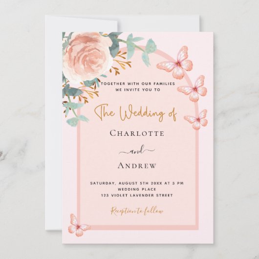 Invitation Rose or boucles de pêche arc QR code RSVP mariage (Devant)