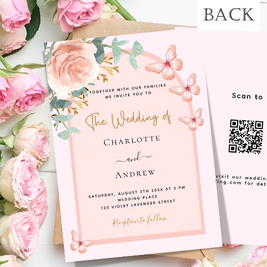 Invitation Rose or boucles de pêche arc QR code RSVP mariage