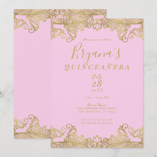 Invitation Rose & Or Broderie Brillante Élégante Quinceañera