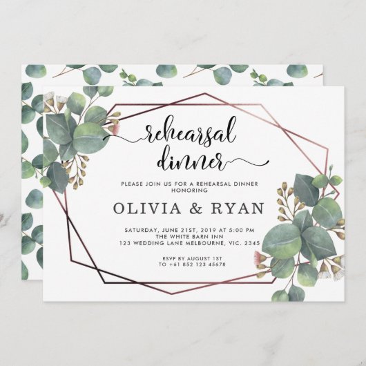 Invitation Rose or cadre géométrique eucalyptus (Devant / Derrière)