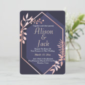 Invitation Rose or cadre géométrique marine bleu mariage (Debout devant)