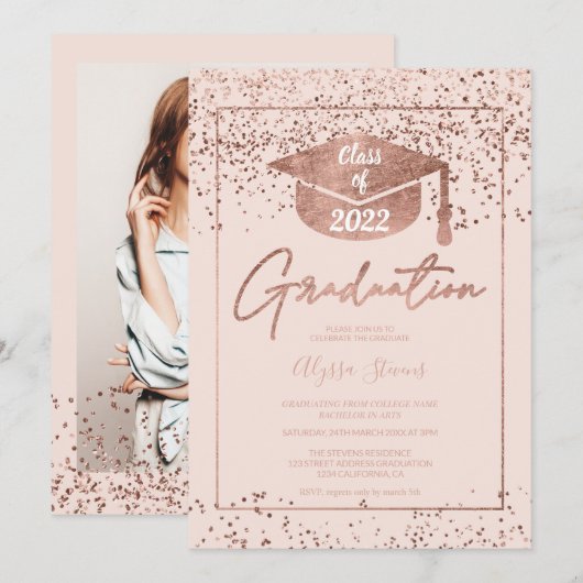 Invitation Rose or confetti blush rose script graduation (Devant / Derrière)
