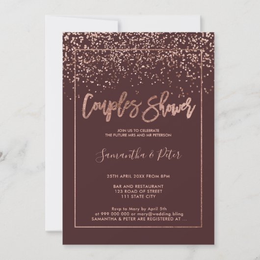 Invitation Rose or confetti burgundy script couples douche (Devant)