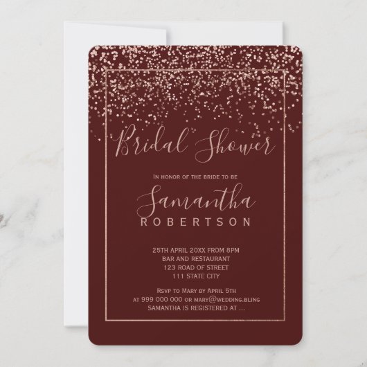 Invitation Rose or confetti burgundy script nuptiale douche (Devant)