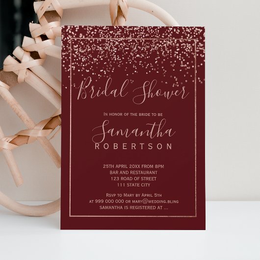 Invitation Rose or confetti burgundy script nuptiale douche