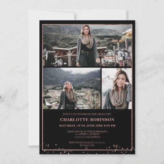 Invitation Rose or confetti frontière script photo graduation (Dos)