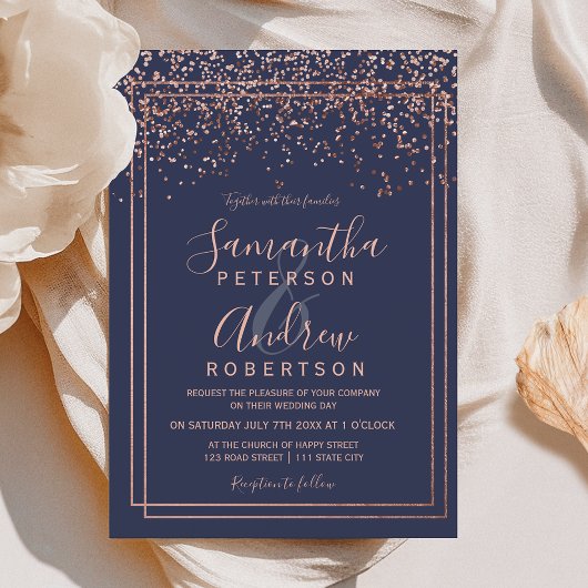 Invitation Rose or confetti marine bleu frontière chic mariag