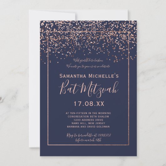 Invitation Rose or confetti marine bleu script bat mitzvah (Devant)