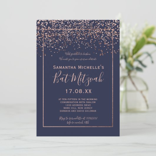 Invitation Rose or confetti marine bleu script bat mitzvah (Debout devant)
