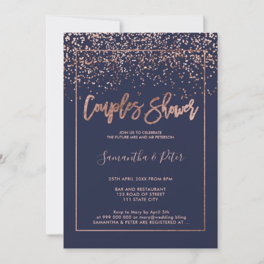 Invitation Rose or confetti marine bleu script couples douche (Devant)