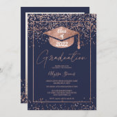 Invitation Rose or confetti marine bleu script graduation (Devant / Derrière)