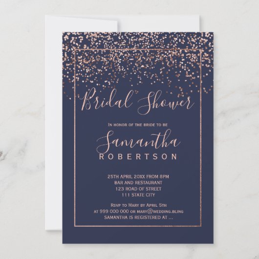 Invitation Rose or confetti marine bleu script nuptiale douch (Devant)