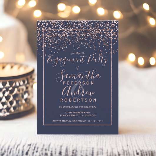 Invitation Rose or confetti marine bleu typographie fiançaill