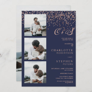 Invitation Rose or confetti marine initiales photos mariage