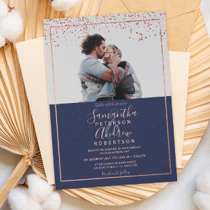Invitation Rose or confetti marine typographie photo mariage