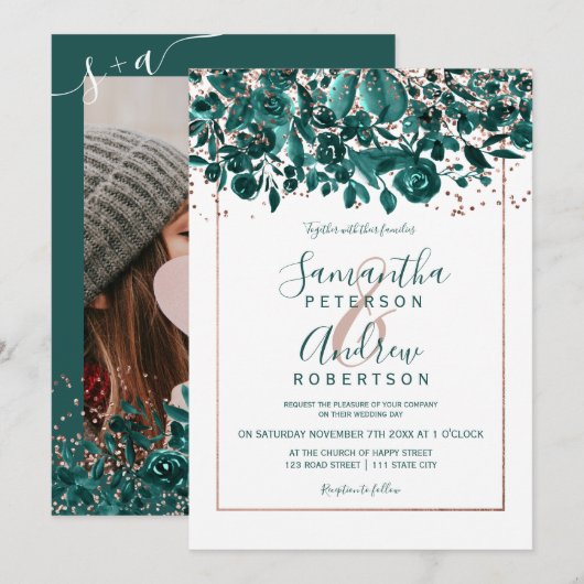 Invitation Rose or confetti vert chic floral photo mariage (Devant / Derrière)