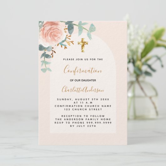 Invitation Rose or croix florale fille luxe Confirmation (Debout devant)