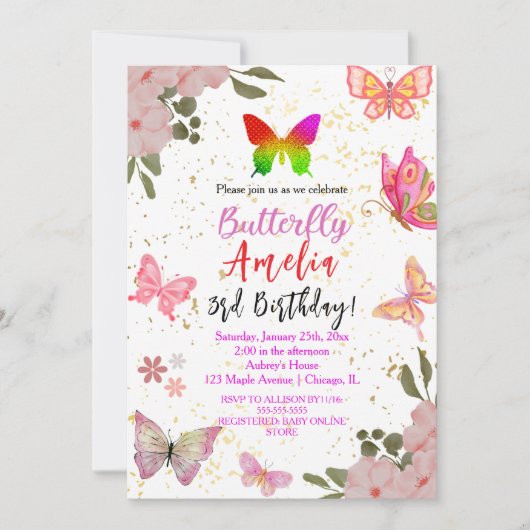 Invitation Rose or doré élégant papillon fille anniversaire (Devant)