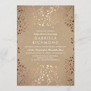 Invitation Rose or et Baby shower blanc fleuri Kraft