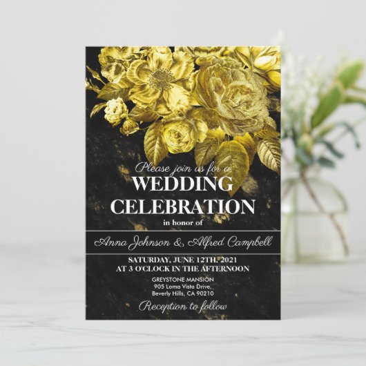 Invitation Rose or et mariage en marbre noir (Debout devant)