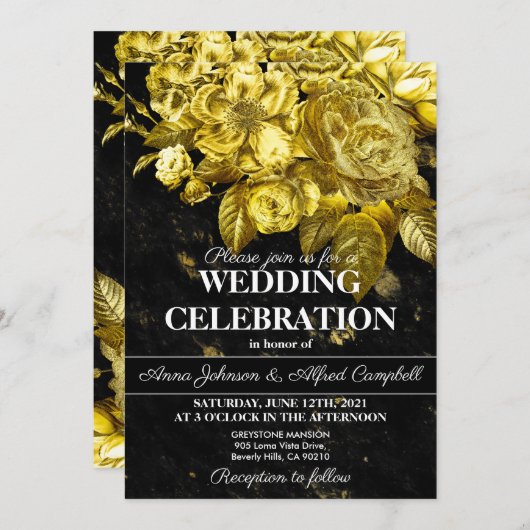 Invitation Rose or et mariage en marbre noir (Devant / Derrière)