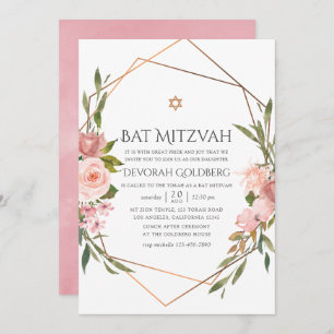Invitation Rose or et rose pâle Bat mitzvah floral