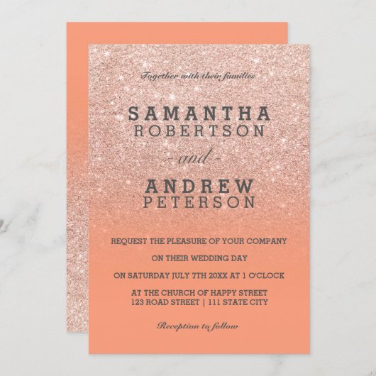 Invitation Rose or faux parties scintillant peach ombre maria (Devant / Derrière)