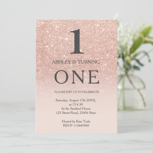Invitation Rose or faux parties scintillant rose ombre 1st an (Debout devant)