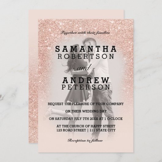 Invitation Rose or faux parties scintillant rose ombre photo (Devant / Derrière)