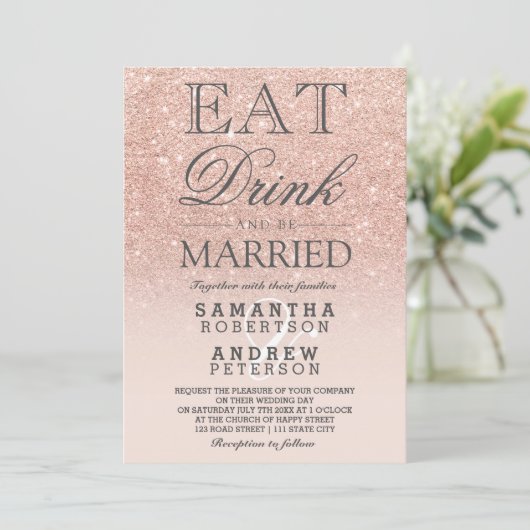 Invitation Rose or faux parties scintillant rose ombre script (Debout devant)
