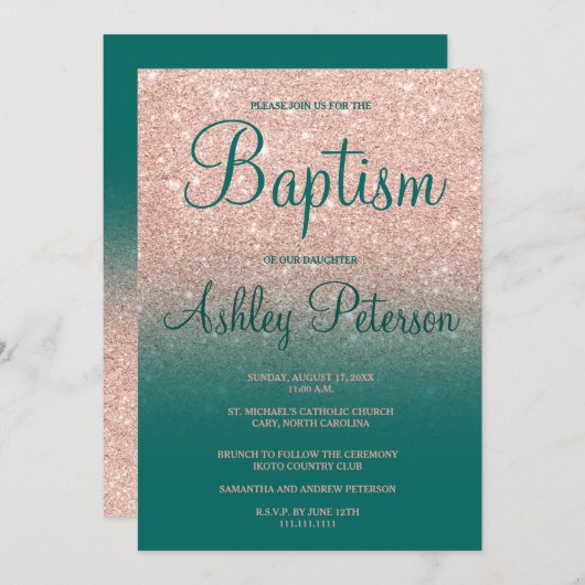 Invitation Rose or faux parties scintillant vert sombre baptê (Devant / Derrière)