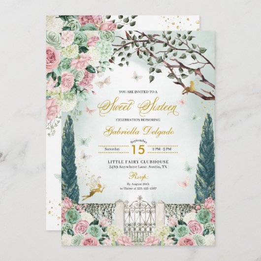 Invitation Rose Or Fée Enchantée Garden Sweet 16 (Devant / Derrière)