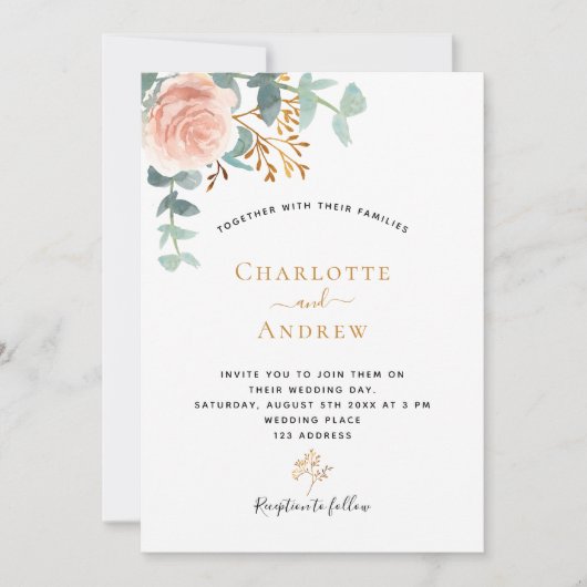 Invitation Rose or fleuri eucalyptus vert vert rose mariage (Devant)