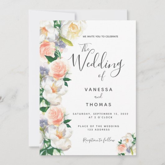Invitation Rose or fleurs blanc script mariage (Devant)