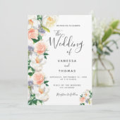 Invitation Rose or fleurs blanc script mariage (Debout devant)