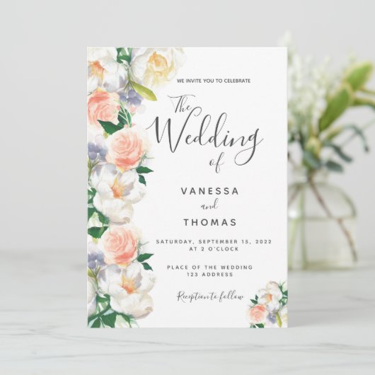 Invitation Rose or fleurs blanc script mariage (Debout devant)