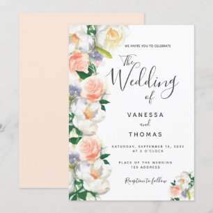 Invitation Rose or fleurs blanc script mariage